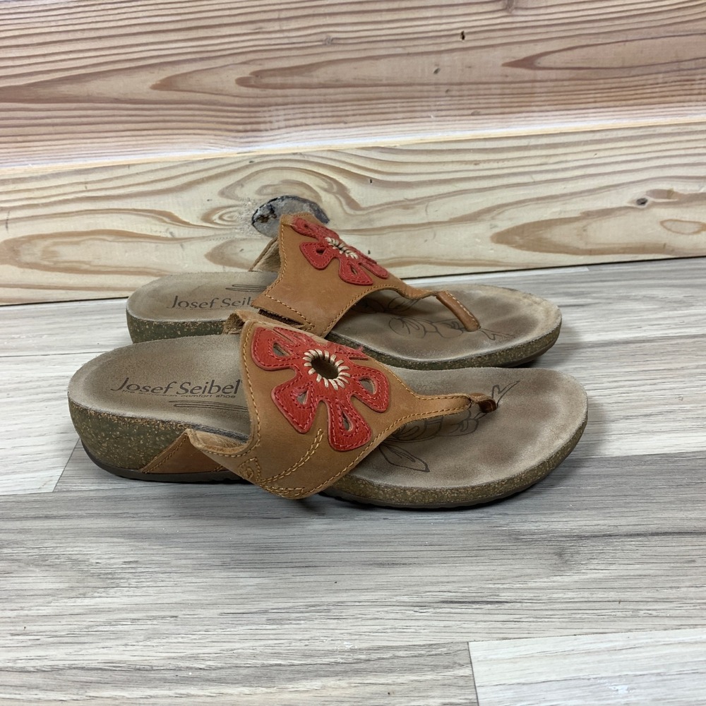 Josef Seibel Sandals Womens 36 Tan Red Leather Floral Thong Comfort Slides